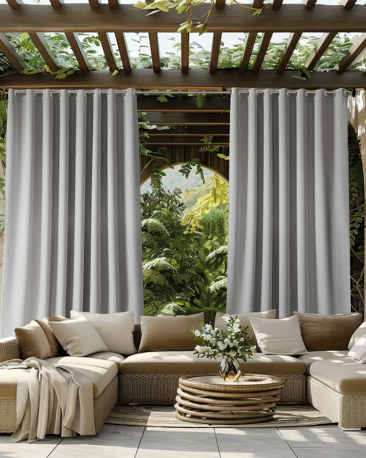 Elegant light grey blackout water-resistant outdoor curtains with grommets hanging on a wooden pergola over a chic patio lounge.