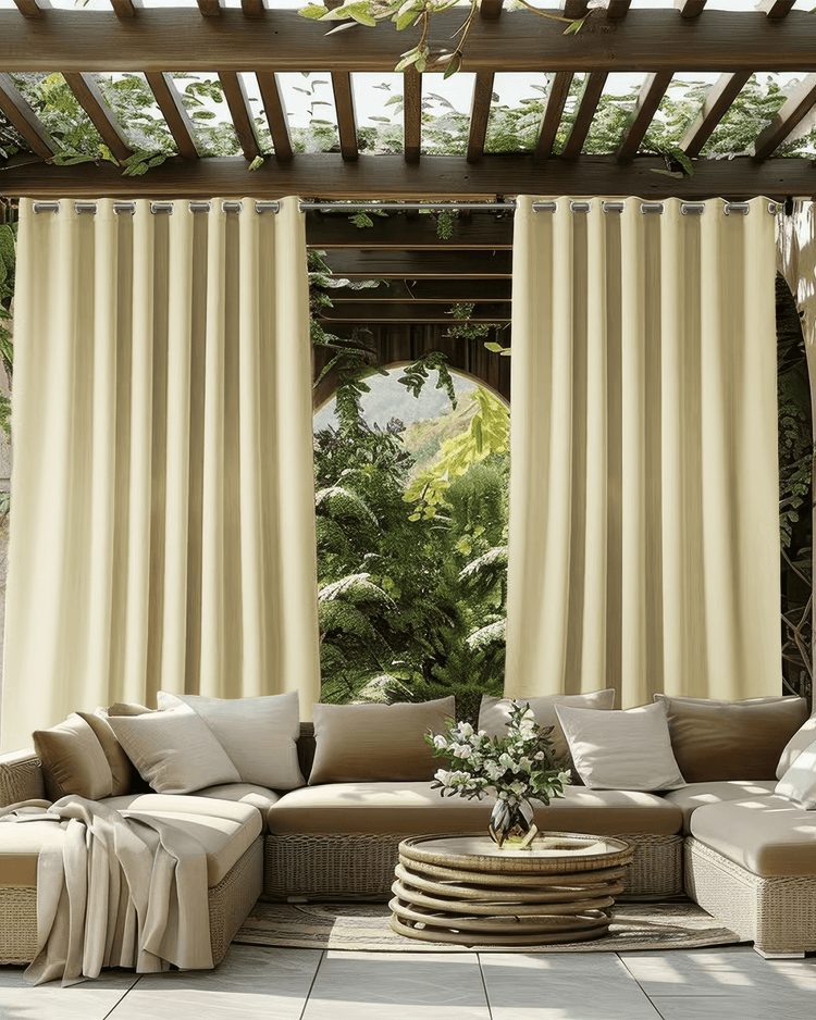 Cream Aquashield outdoor blackout curtains hanging from a wooden pergola, creating a private patio oasis with a wicker sofa.