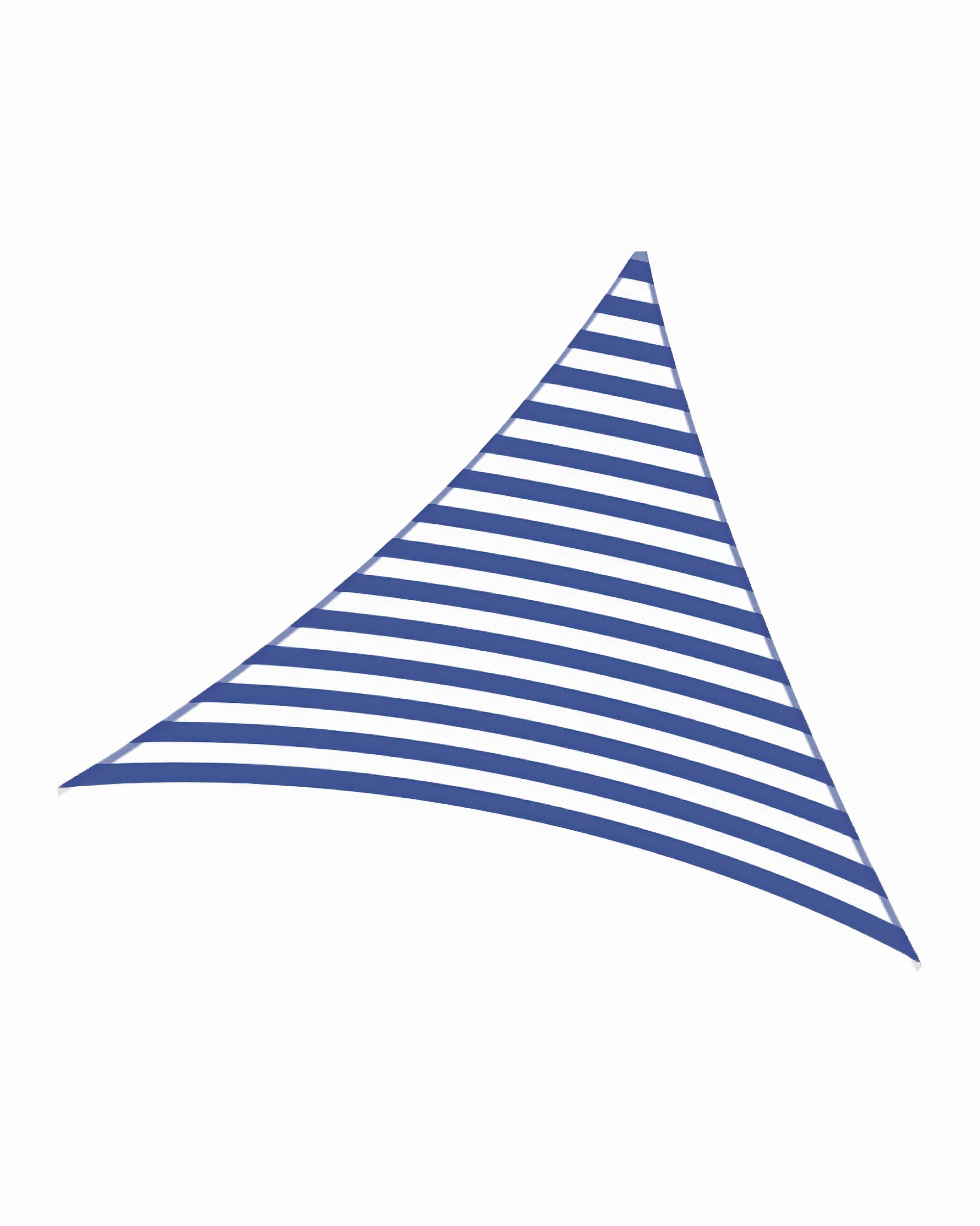 Blue and white striped custom triangle UVShield sun shade sail. Waterproof for patio & outdoor sun protection.