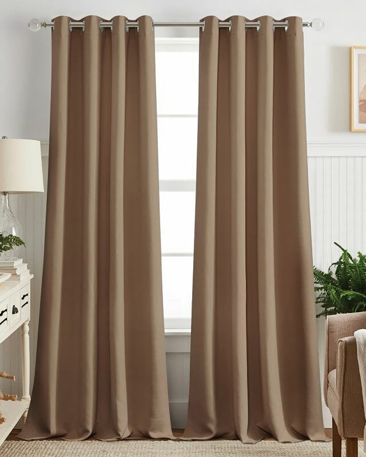 Hussein custom OEKO Certified brown grommet curtains for sophisticated window treatments, offering light control & privacy.