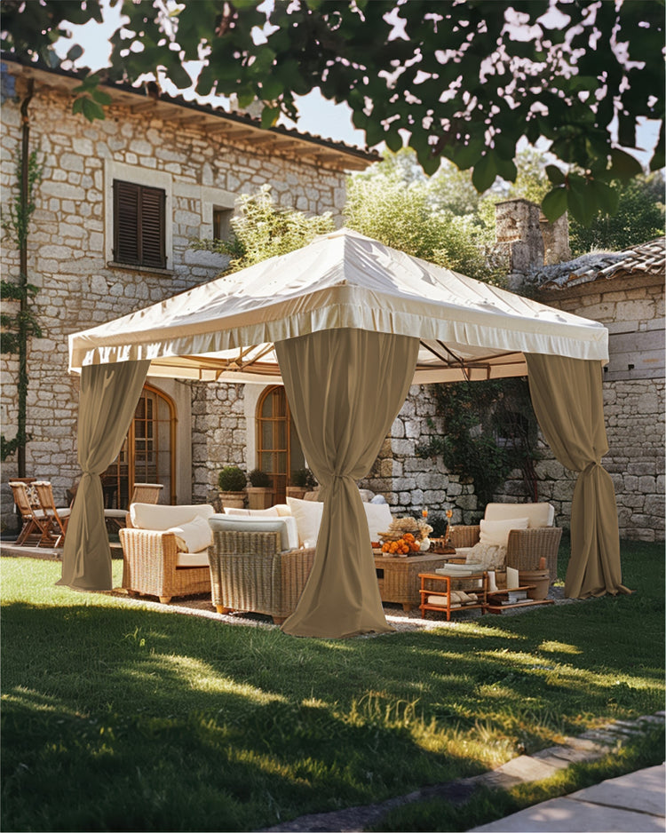 Khaki lightweight fade-resistant & waterproof custom outdoor curtains on a gazebo with rattan furniture.