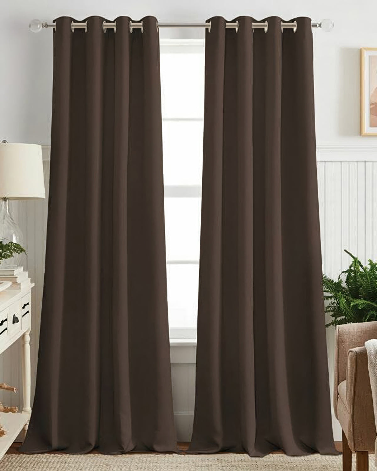Hussein dark brown custom blackout grommet curtains creating tailored light control and privacy for sophisticated home decor.