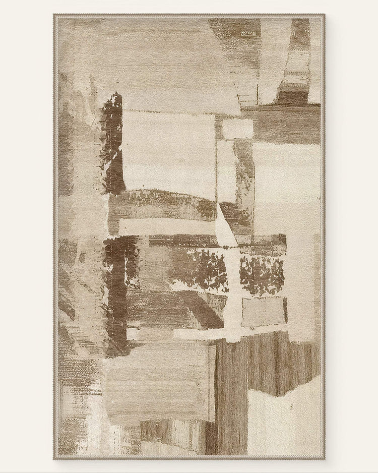 Geometric Vintage Tara neutral washable area rug with an abstract, distressed brown and beige pattern, perfect for versatile home decor.