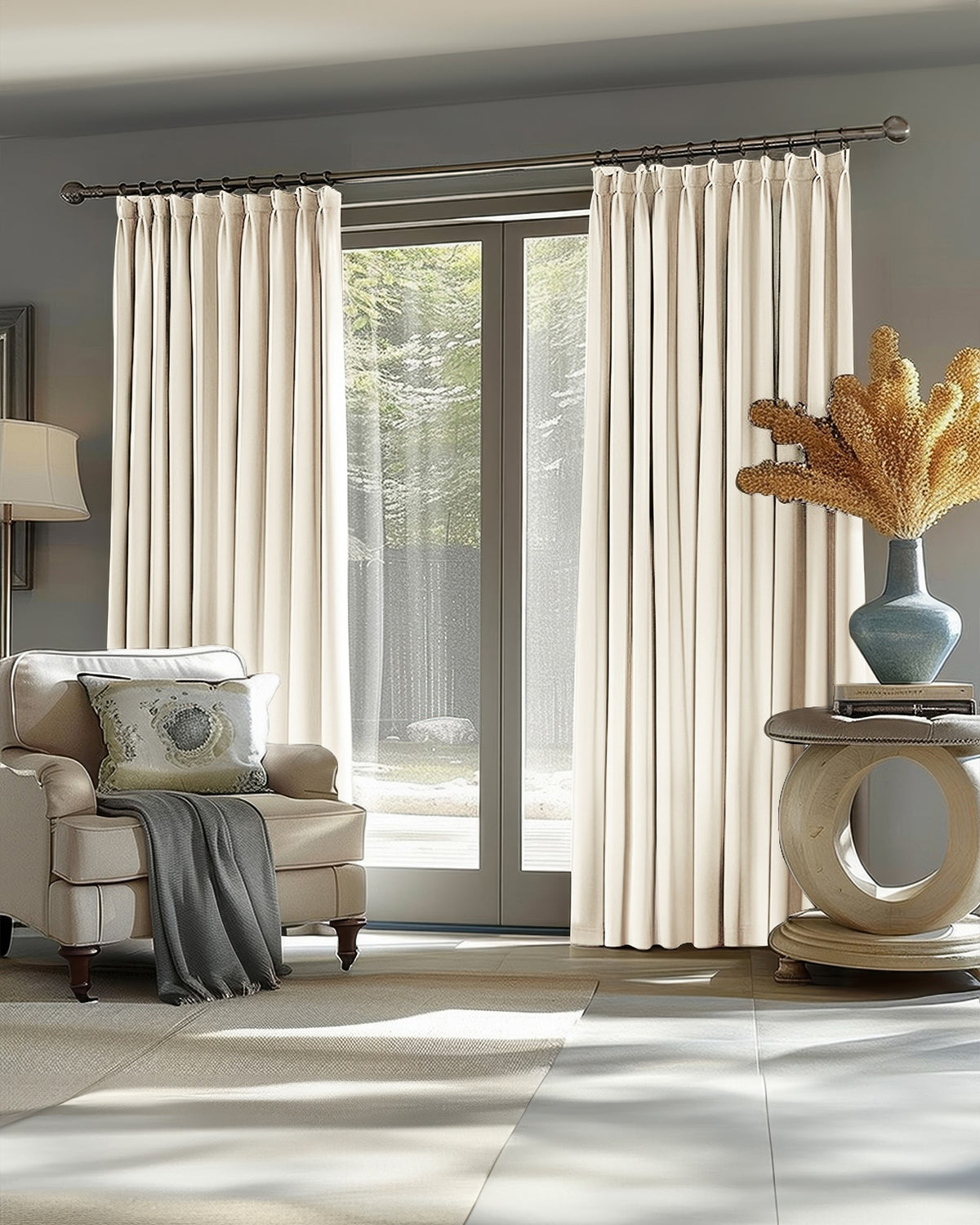 Victoria custom cream blackout curtains with a luxurious linen-look and heavyweight texture, styled in an elegant living room.
