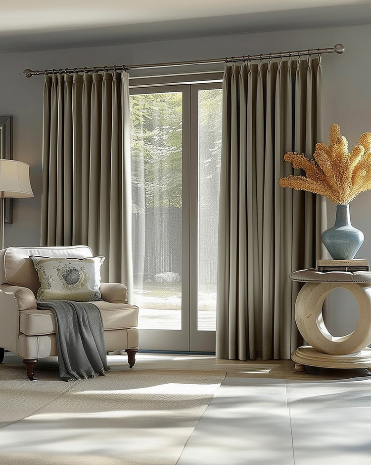 Taupe blackout custom drapery in a luxurious linen look hangs on large living room windows, offering privacy & light control.