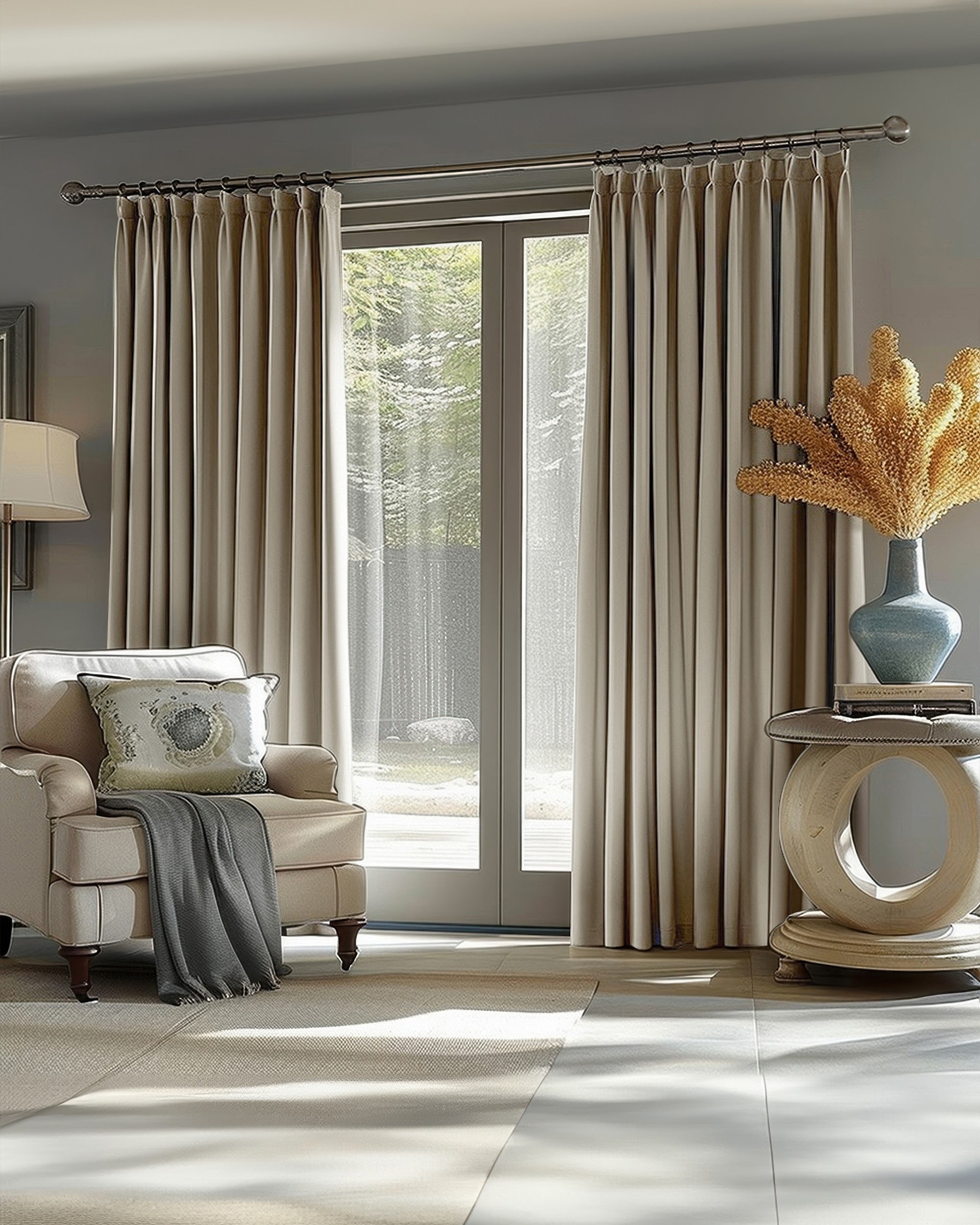 Elegant taupe custom blackout linen look drapery framing French doors in a luxurious living room setting.