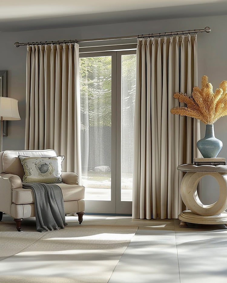 Elegant taupe custom blackout linen look drapery framing French doors in a luxurious living room setting.