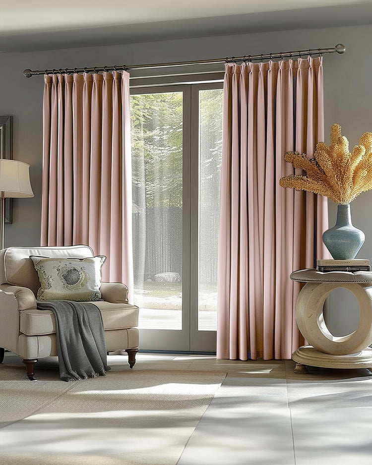Victoria 100% blackout pink custom curtains, linen look, with tailored pleats, framing double doors in a stylish living room.