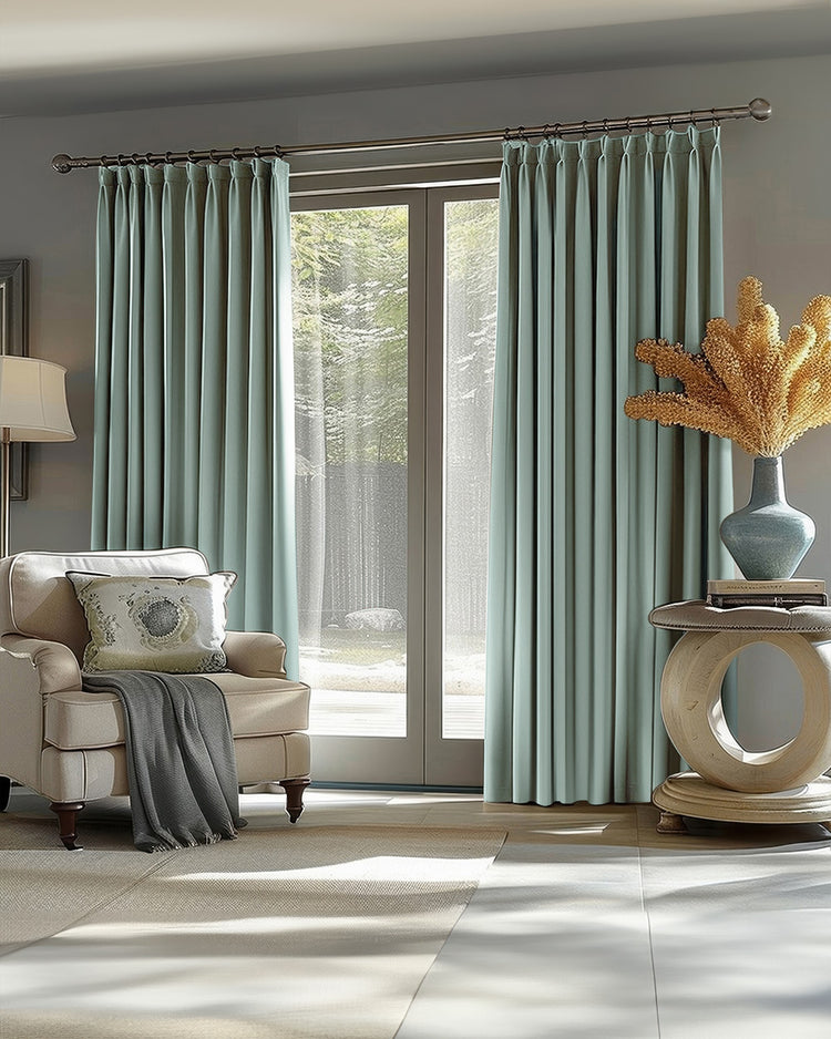 Elegant living room with mint green Victoria 100% blackout OEKO linen look heavyweight custom drapery on large doors.