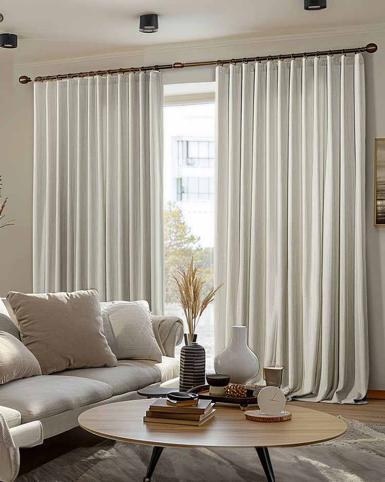 Florence custom 4-layer OEKO textured blackout curtains with thermal & soundproof properties in a stylish living room.