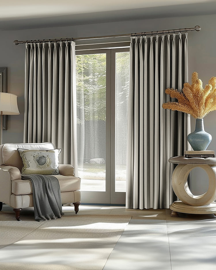 Full, light gray Victoria 100% Blackout OEKO Linen Look heavyweight custom curtains creating elegant privacy in a living room.