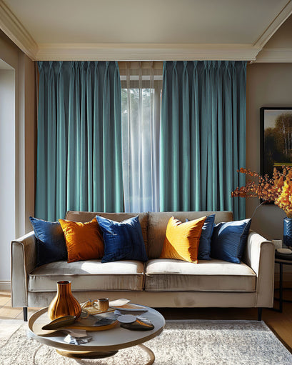 Teal linen-look textured custom pinch pleat drapery on a large window, enhancing a sophisticated living room's aesthetic.