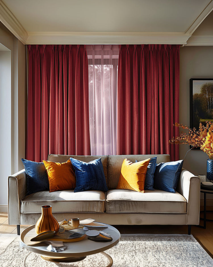 Deep red custom pinch pleat linen look curtains frame a living room window, providing luxury window treatments and light control.
