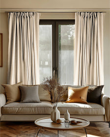 Sophisticated light beige custom blackout curtains with a linen look, enhancing a modern living room with a cozy sofa & coffee table.
