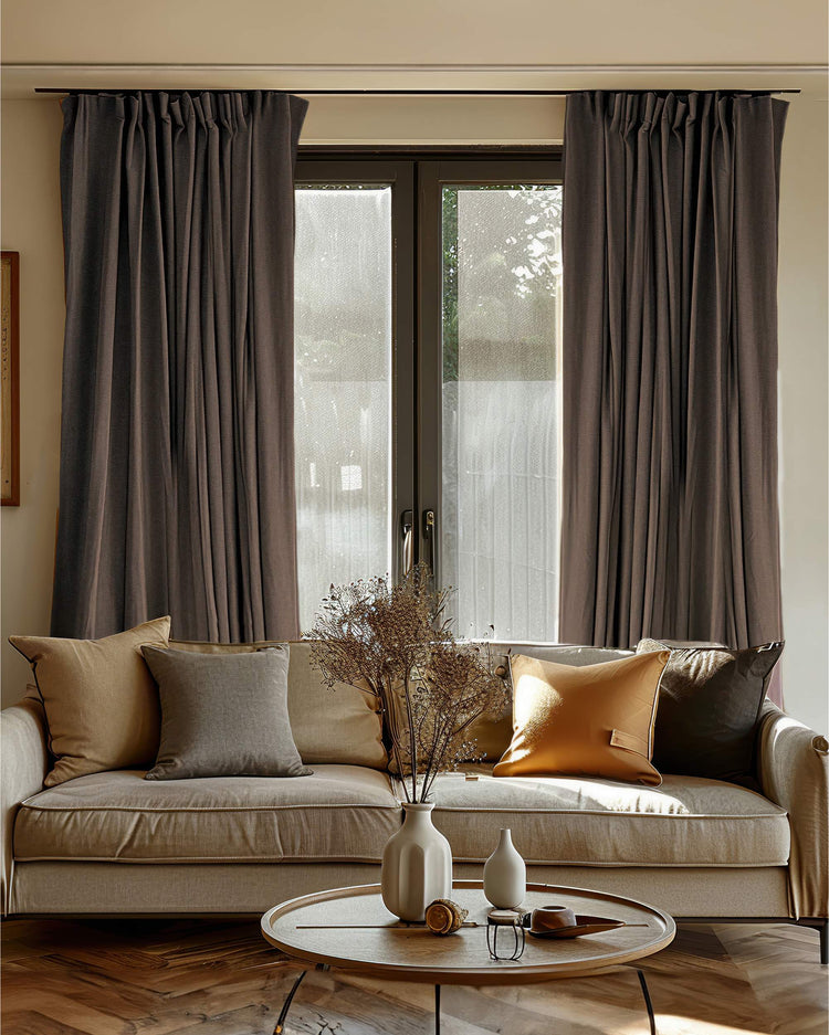 Heavyweight dark brown Laborien custom blackout curtains with linen-look texture, framing a window in a chic living room.