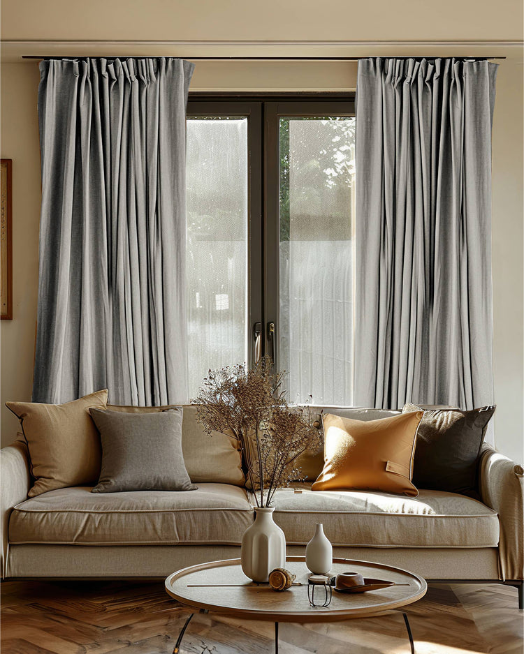 Elegant grey linen-look custom blackout curtains on a living room window, providing thermal and soundproof light control.