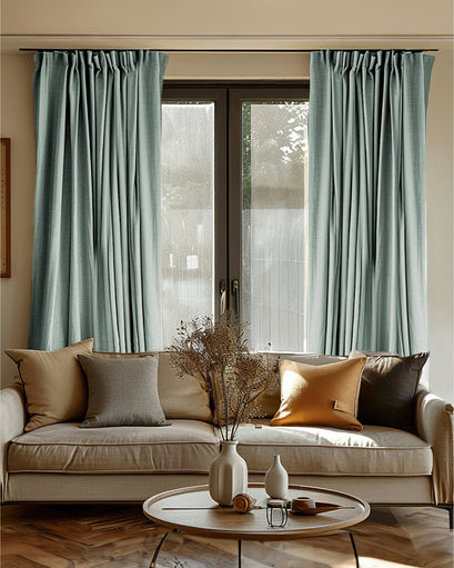 Sage green custom linen-look blackout curtains with pinch pleat header. Heavyweight, thermal, and soundproof window treatments.