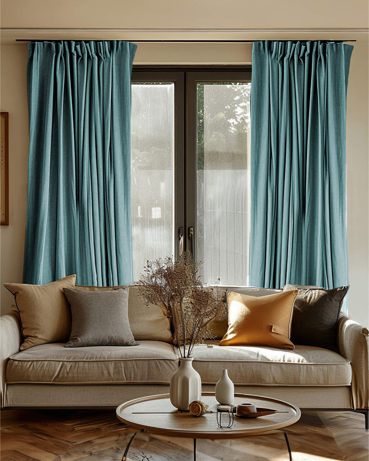 Teal custom linen-look 100% blackout curtains, elegantly pleated for thermal & privacy control in a cozy living room.