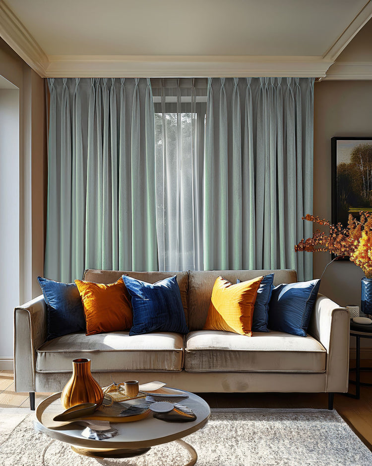 Light blue Laborien linen look textured custom curtains providing sophisticated window treatment in a modern living room.
