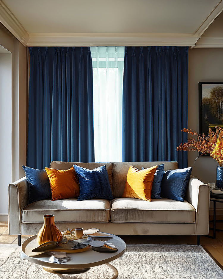 Textured dark blue custom drapery with elegant pinch pleats, framing a window in a bright, modern living room.