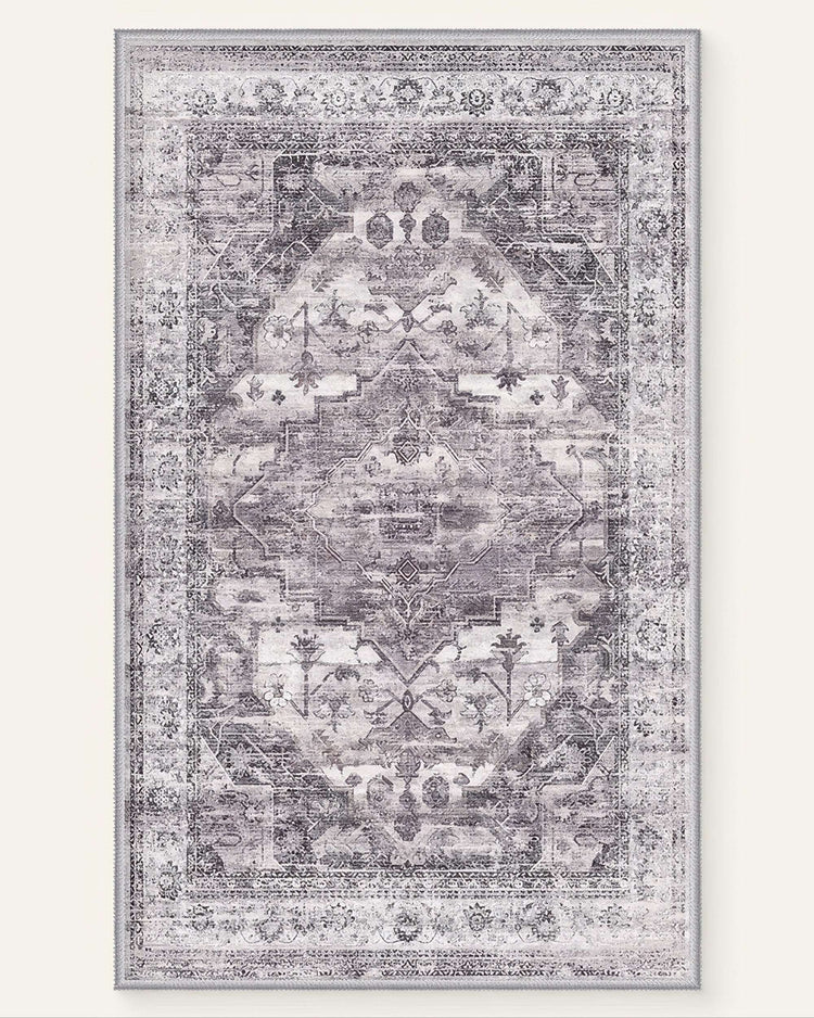 Distressed Diana's Garden Gull Gray washable area rug featuring an ornate central medallion with floral and geometric patterns.