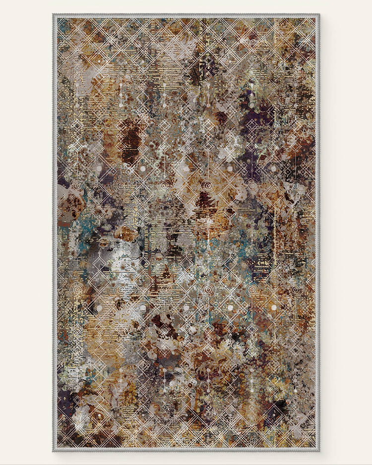 Vintage faded Moroccan washable area rug with abstract texture in brown, gold, and teal, overlaid with white geometric lattice pattern.