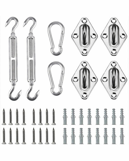 304 stainless steel hardware kit for outdoor sun shade sails, featuring turnbuckles, carabiners, diamond pad eyes, screws & anchors.