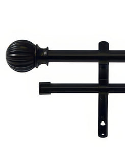 Classic black adjustable double curtain rod featuring ribbed ball finials & sturdy mounting bracket for elegant window treatments.