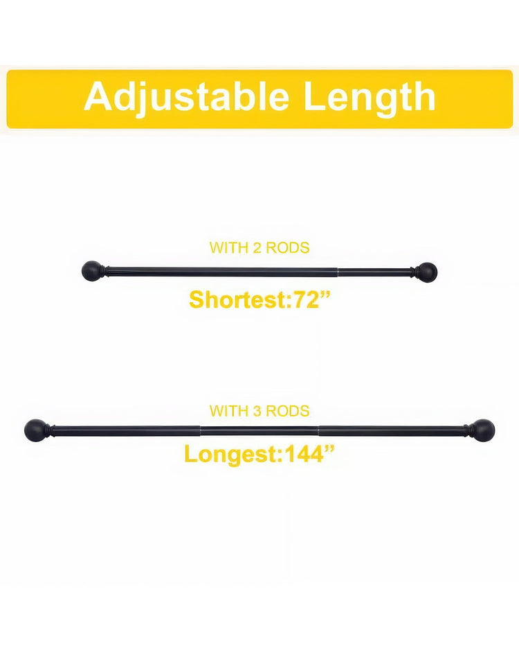 Black Classic Ball Adjustable Curtain Rod showing 72-inch (2 rods) and 144-inch (3 rods) lengths for versatile drapery hardware.
