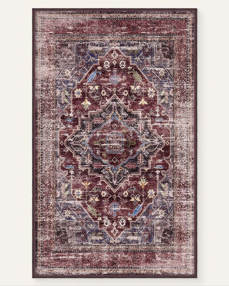 Diana's Garden washable area rug, distressed burgundy & blue vintage floral medallion pattern