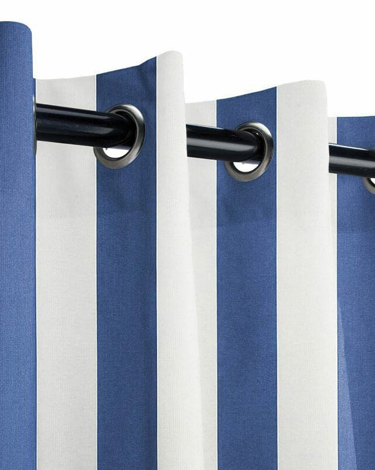 Blue & white striped custom outdoor curtain with grommet header. Fade-resistant, waterproof fabric detail on rod.