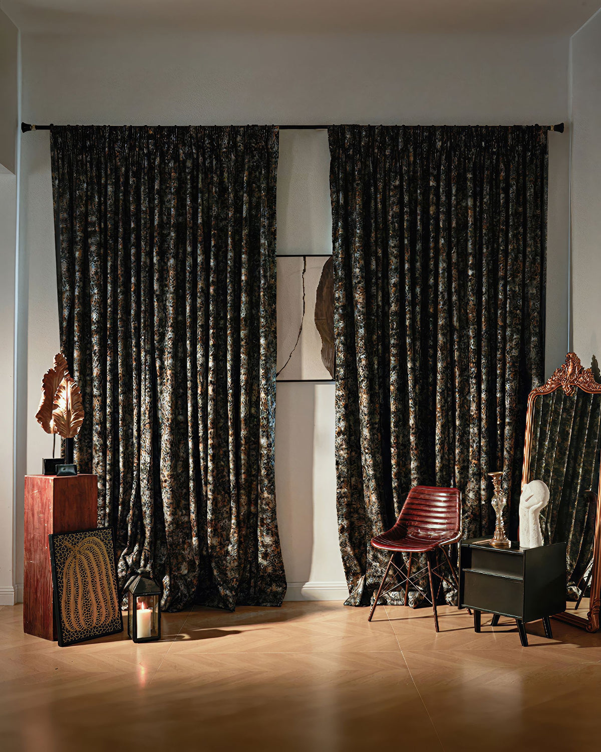 Elegantly draped Impression Foil Printed Velvet custom curtains with dark, subtle patterns for luxury window treatments.