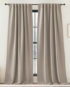 Pair of taupe Zoe Linen Look Soft Custom Curtains with rod pocket header, perfectly framing a window on a black curtain rod.