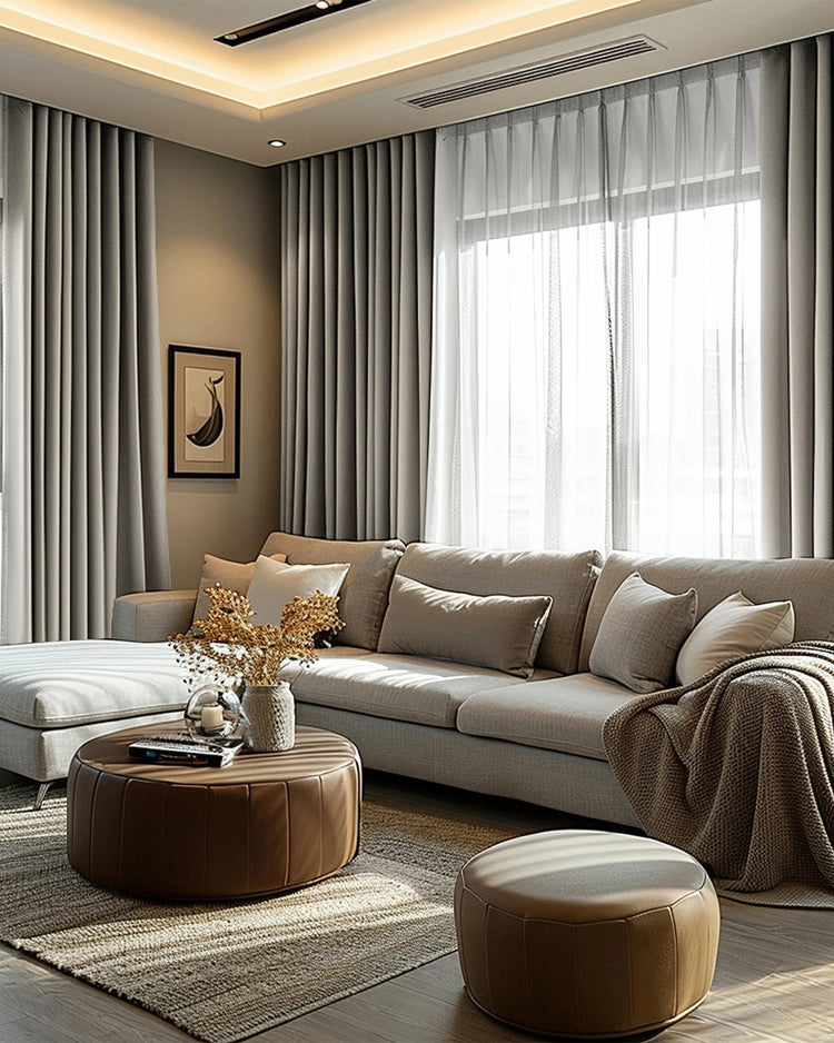 Stylish living room showcasing premium grey pleated custom blackout linen curtains and sheer window treatments for privacy & light.