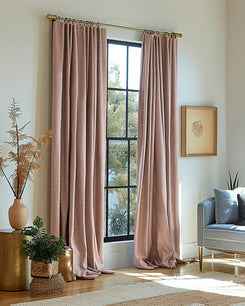 Florence heavyweight 100% blackout thermal custom curtains, woven textured dusty rose fabric, framing a bright window.