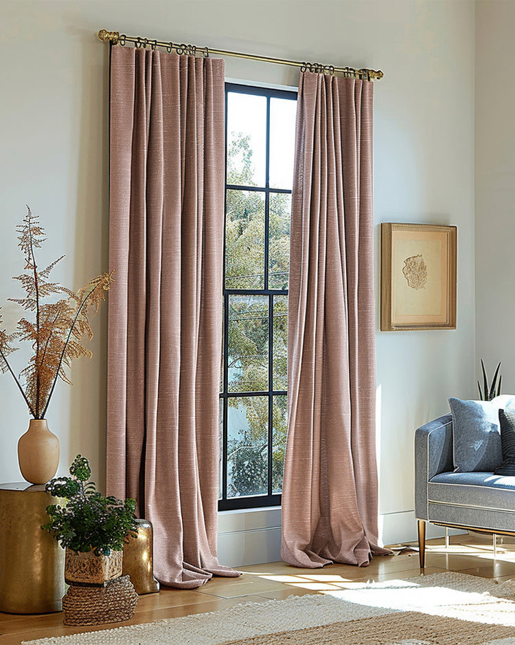Florence heavyweight 100% blackout thermal custom curtains, woven textured dusty rose fabric, framing a bright window.