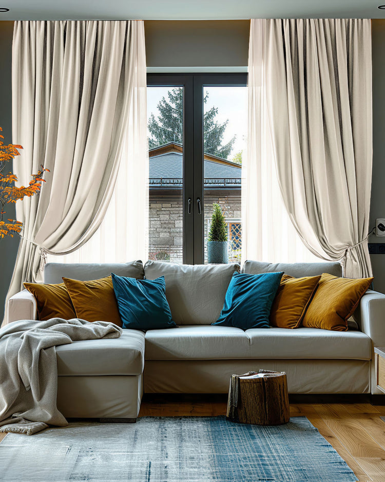 Light beige custom Cronin 4-layer heavyweight 100% blackout linen look curtains, tied back for thermal, soundproof privacy.