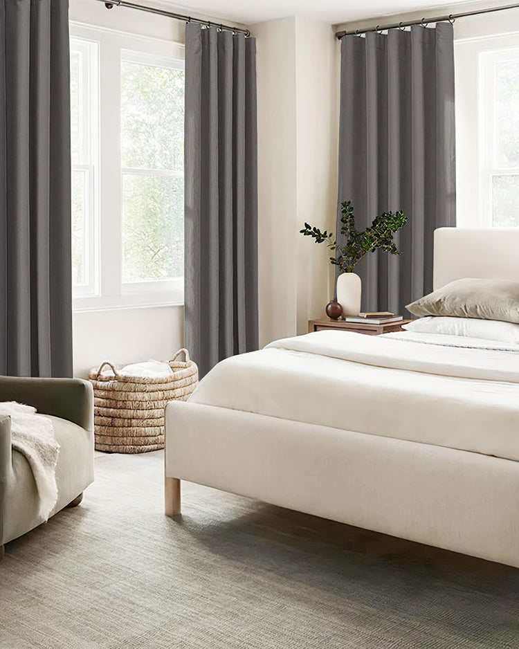 Herringbone chenille 100% blackout custom curtains in dark gray, with ring top header for soundproof & thermal bedroom decor.