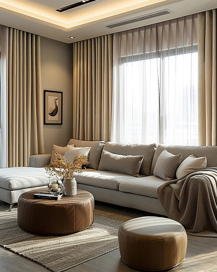 Victoria heavyweight 100% blackout linen custom curtains & sheer drapes in a sophisticated modern living room.