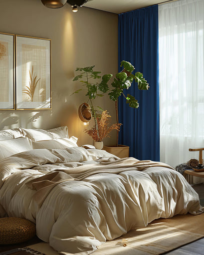 Bedroom with dark blue custom linen look textured curtains and sheer white drapery, offering light control & privacy.