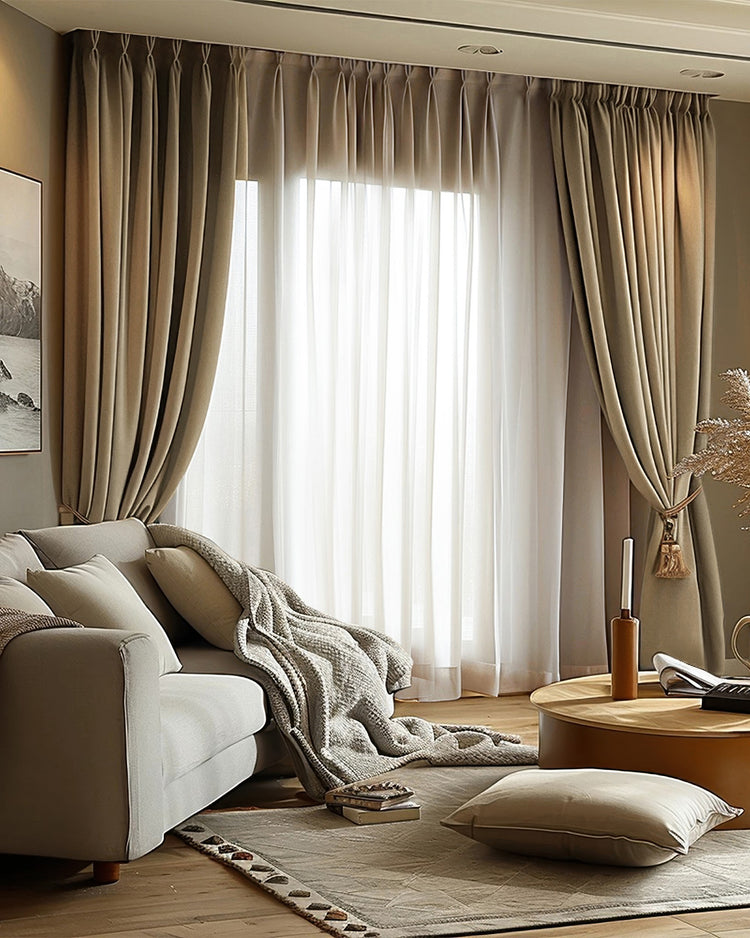Victoria 100% blackout OEKO linen look heavyweight custom pleated curtains in taupe, tied back, layered with sheer drapes.