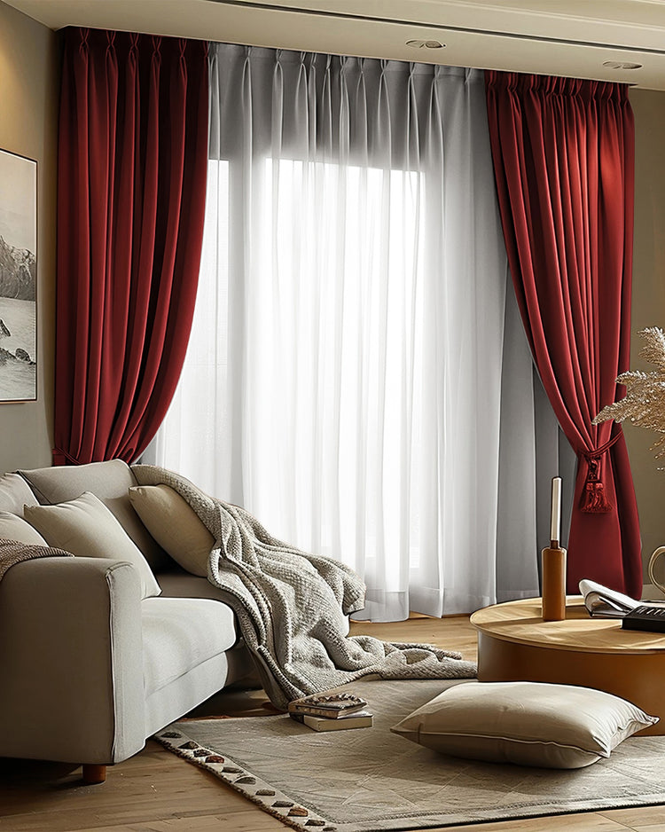 Rich red Victoria custom blackout OEKO linen look curtains with sheer white panels, enhancing a sophisticated living room window.