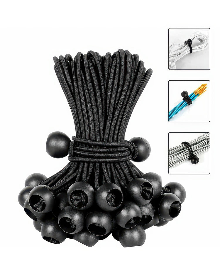 Bundle of black heavy-duty ball bungee cords, shown securing cables, organizing tools, and as versatile tarp tie-downs.