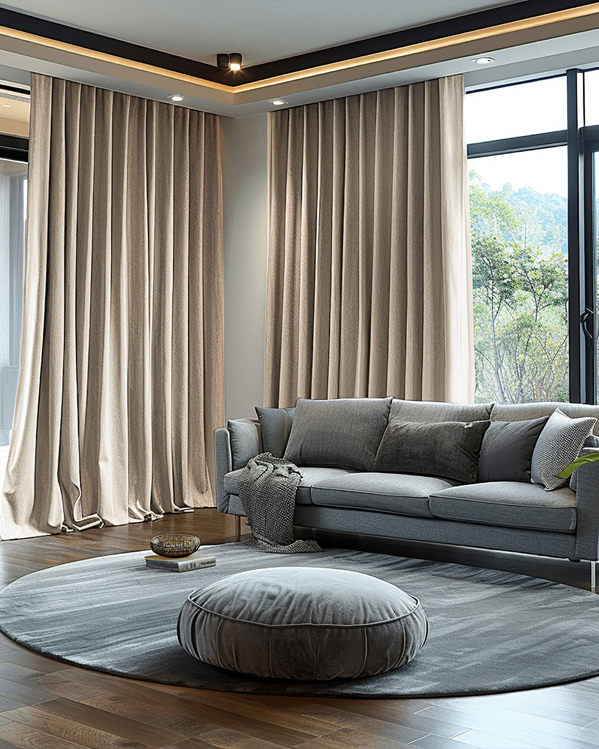 Quinn 4-layer beige velvet custom curtains, 100% blackout, thermal, soundproof in a modern living room.