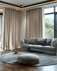 Quinn 4-layer beige velvet custom curtains, 100% blackout, thermal, soundproof in a modern living room.