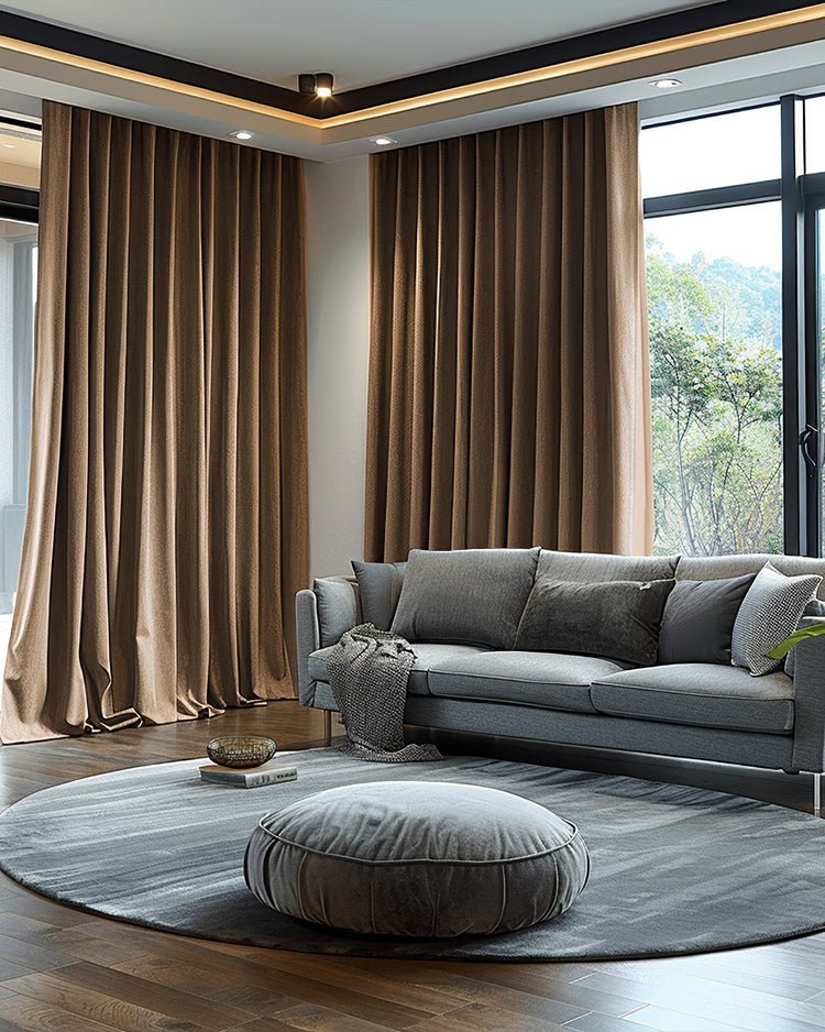 Brown Quinn Heavyweight Soundproof Thermal 100% Blackout Velvet Custom Curtains in a chic living room with grey sofa and rug.