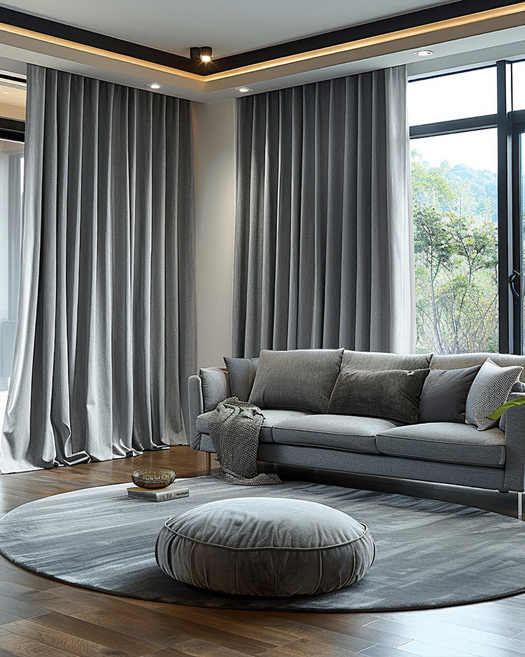 Luxurious gray pleated blackout velvet custom curtains in a sophisticated living room, providing thermal and soundproof window treatments.