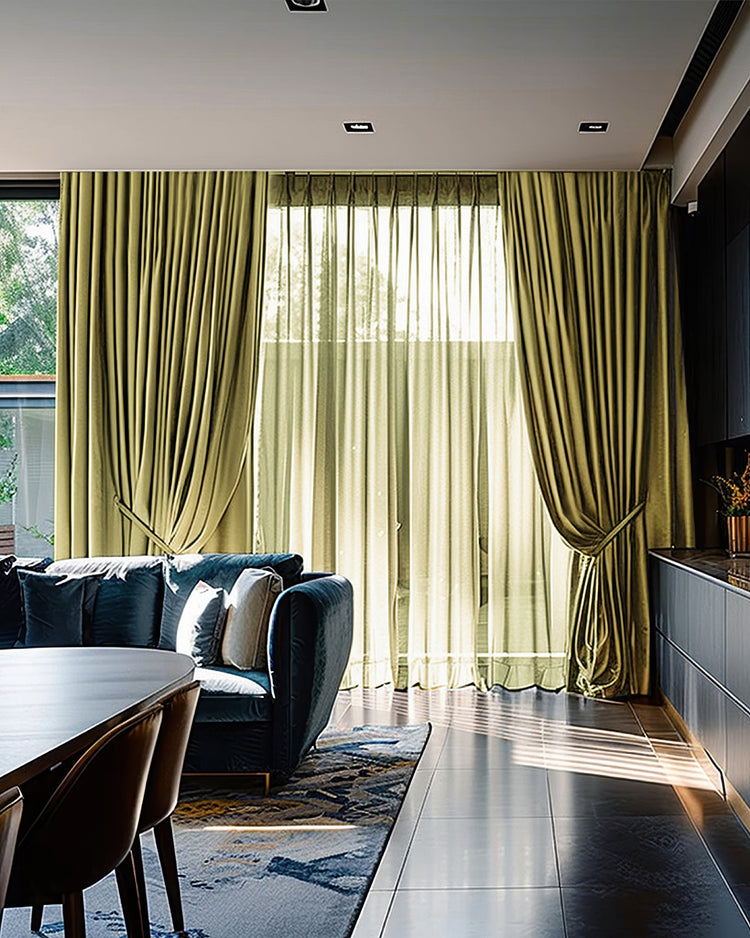 Quinn 100% blackout heavyweight olive velvet custom curtains with tie-backs & sheer layering for thermal, soundproof elegance.