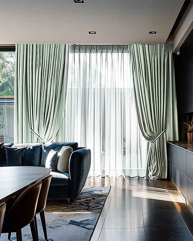 Luxurious sage velvet blackout custom curtains, tied back, paired with sheer drapes in a stylish living room.