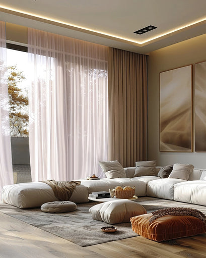 Elegant living room with floor-to-ceiling custom drapery: sheer curtains paired with Quinn Blackout Velvet Custom Curtains.